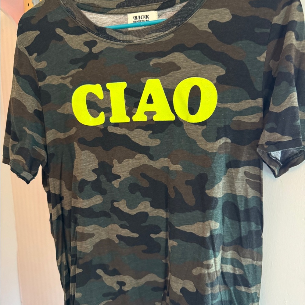 Anthropologie  Ciao Camouflage Tee with Neon Yellow Print